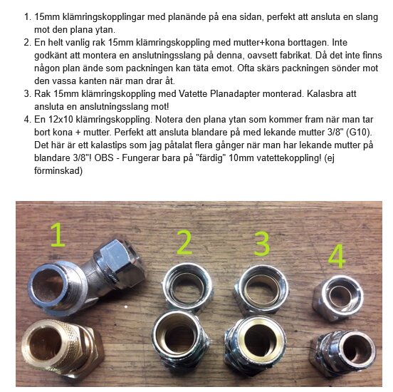 Fyra olika klämringskopplingar numrerade 1-4, med olika mått och planer för anslutning.
