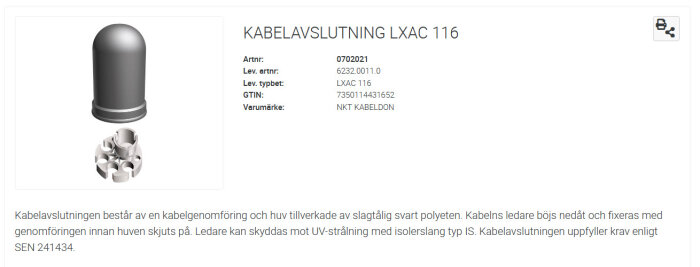 Kabelavslutning LXC 116 i svart polyeten med kabelgenomföring och huv.