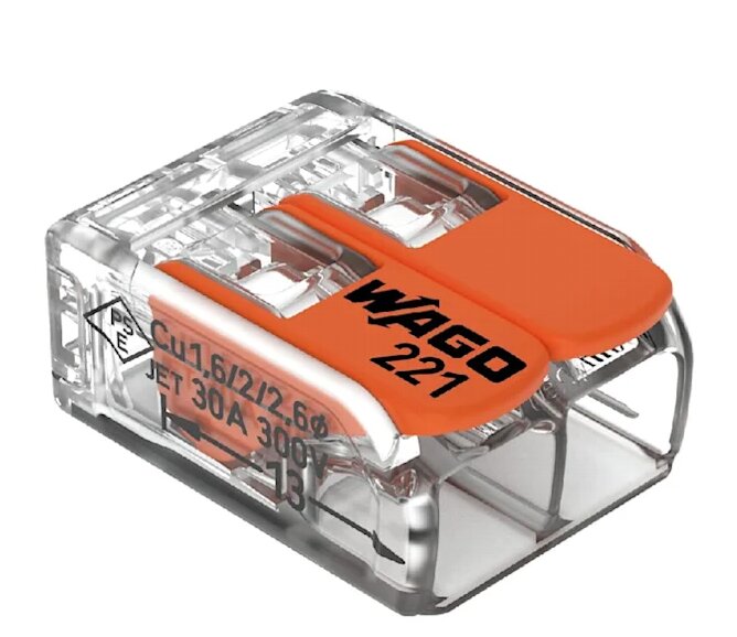 Wago 221 kopplingsklämma med orange handtag och genomskinlig konstruktion, används för att ansluta elektriska kablar.