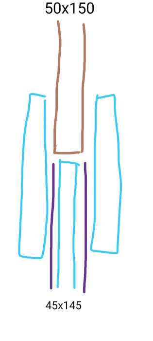 Skiss av skarvning av golvreglar där en 50x150 regel skarvas med två 45x145 reglar, förstärkta med masonitstycken.