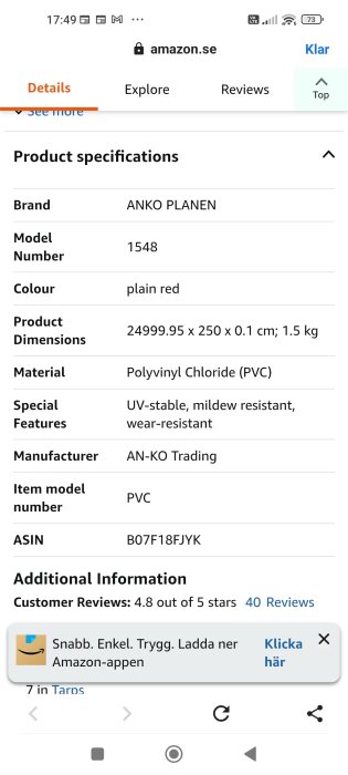 Produktinformation för en röd ANKO PLANEN presenning i PVC, storlek 24999.95 x 250 cm, UV-stabil och mögelresistent.