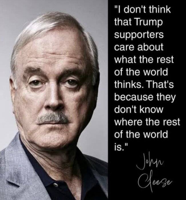 A man in a suit with a quote about Trump supporters and global awareness next to him.