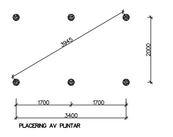 Diagram som visar placeringen av punktfundament för ett cykelförråd. Nummer och mått i millimeter visas för exakt positionering.