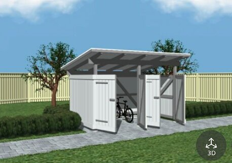 Illustration av ett cykelförråd med öppna dörrar, två cyklar inuti, omgiven av staket och buskar, beläget på en stenlagd gångväg i en trädgård.