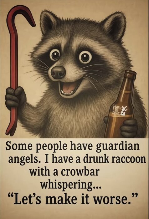 Tecknad tvättbjörn med en kofot i ena handen och en flaska i den andra, med texten "Let’s make it worse.