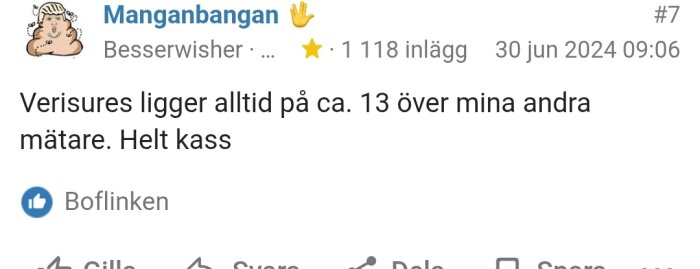 Användarens inlägg om avvikande värden med Verisure i diskussionstråd.