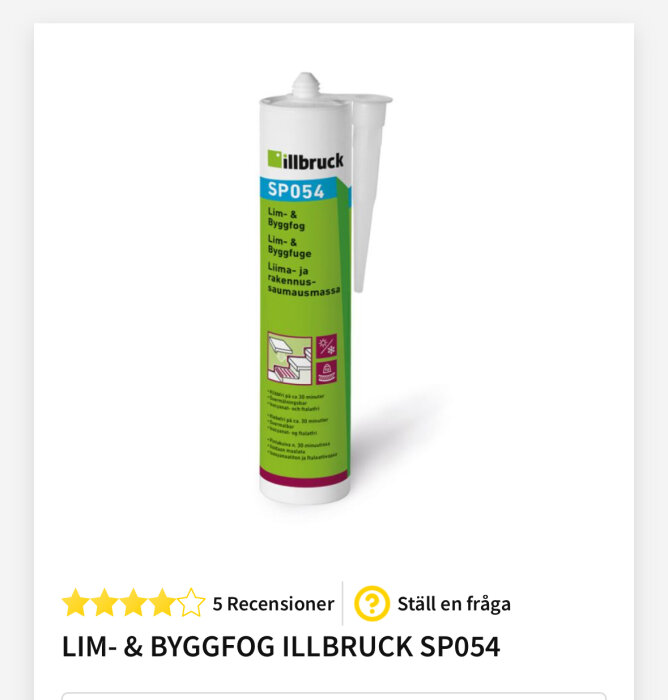 Lim- och byggfog Illbruck SP054 i en grön och vit tub med applikator.