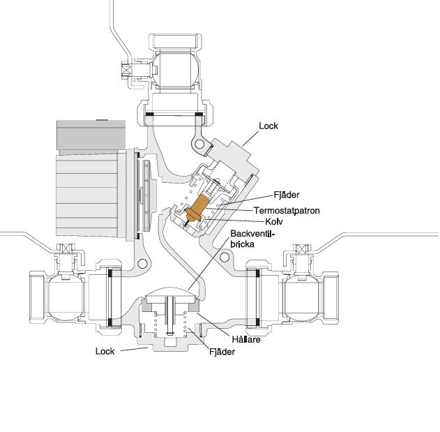 Diagram av en termostatpatron med märkta delar som fjäder, kolv och backventil-bricka i en värmepanna.