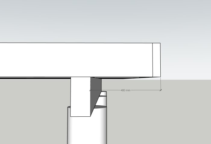 Skiss av ett Attefallshus på plintar där väggen hamnar 400 mm utanför plinten.