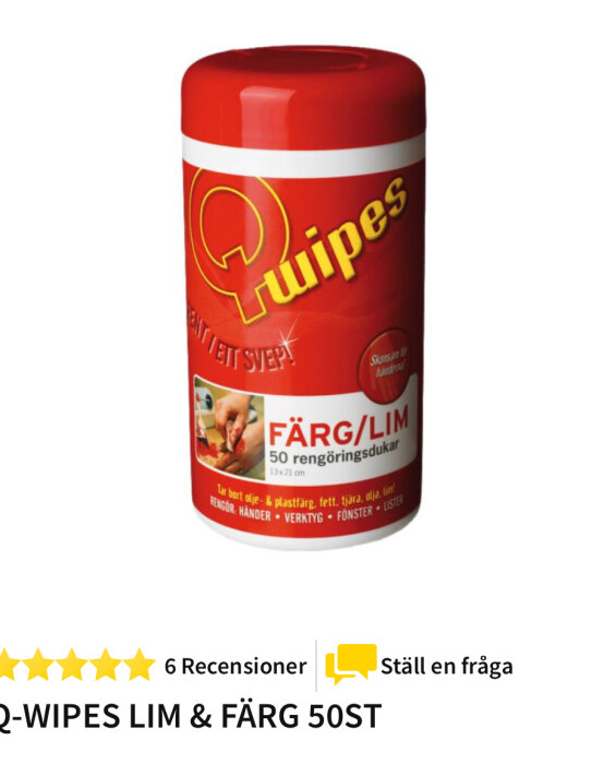 Behållare med Q-wipes rengöringsdukar för färg och lim, effektiv för att ta bort olja, plastfärg, fett och tjära.
