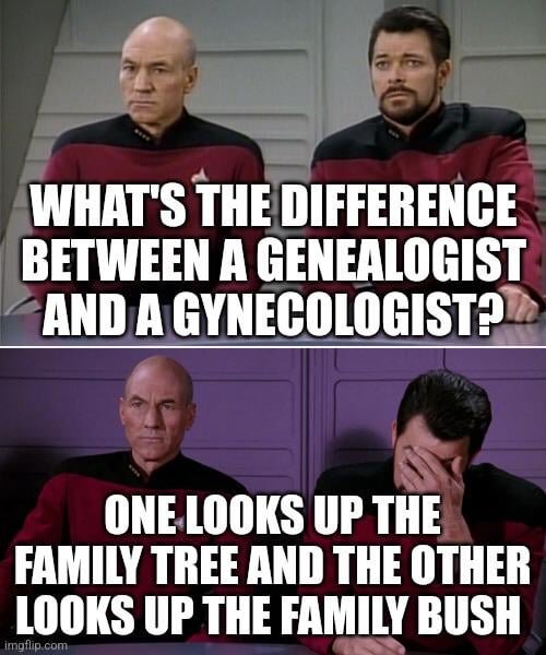 Två personer i rymddräkter på ett rymdskepp. Text: "What's the difference between a genealogist and a gynecologist? Family tree vs. family bush.