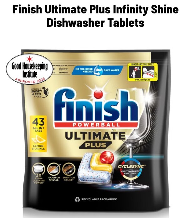 Finish Ultimate Plus Infinity Shine diskmaskinstabletter med godkännande från Good Housekeeping Institute 2023.