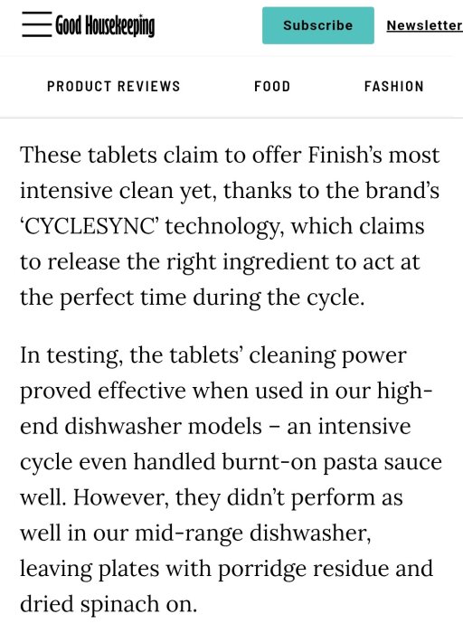 Text från Good Housekeeping om Finish diskmaskinstabletter och deras effektivitet vid rengöring i olika maskinmodeller.