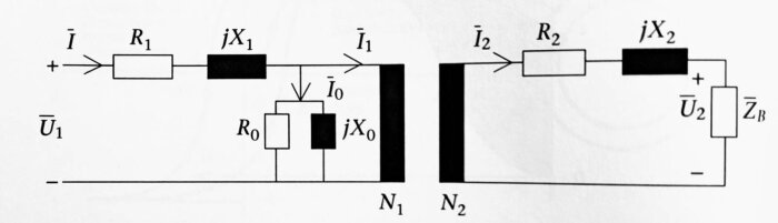 Schematisk illustration av en transformator med beteckningar för spänningar, strömmar, resistans och reaktans på primär och sekundär sida.