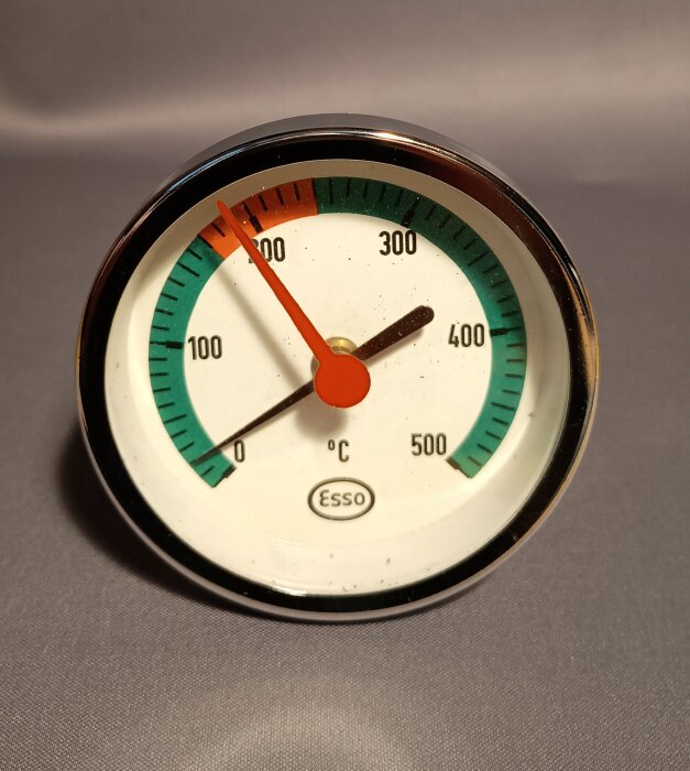 Äldre rökgastermometer med Esso-logga, visar temperatur mellan 0°C och 500°C.