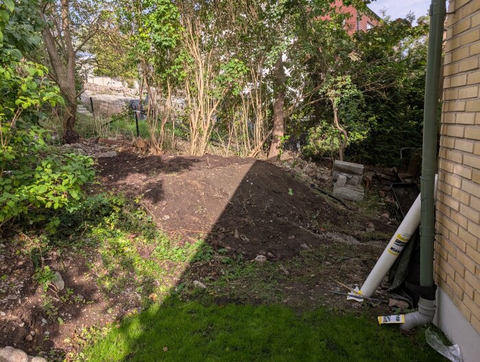 Upphöjd jordyta med träd och buskar runtom, delvis skuggad. Marken planeras för en friggebod och innehåller jordmassor.