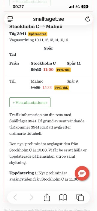 Screenshot av ett meddelande från Snälltåget om tåget 3941 från Stockholm C till Malmö med uppdaterad avgångstid 11:00 på grund av spårändring.