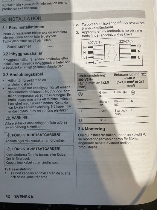 Instruktionsbokssida med installationsanvisningar för anslutning av kablar, med diagram för tvåfasan- och enfasanslutning av svart och brun kabel.