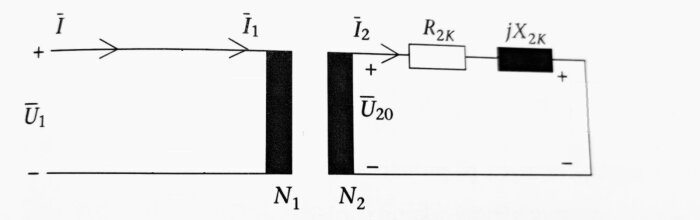 Schema över en transformator som visar primär- och sekundärlindningar, märkström och kortslutningsresistans och reaktans på sekundärsidan.