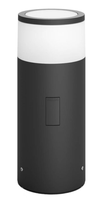 Svart och vit utomhuspollare, Philips Hue Calla, med cylindrisk design för trädgårdsbelysning.