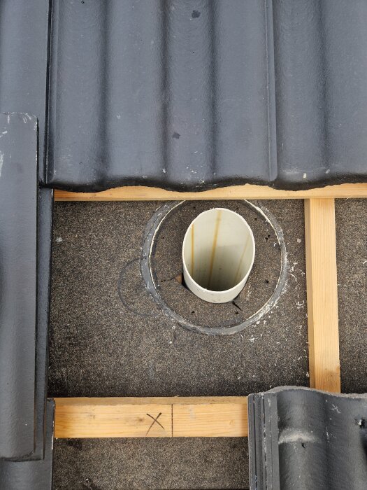 Tak med svarta takpannor, öppet rörgenomföring genom papp, exponerat innertak med träläkt, markerat kryss på en bräda.