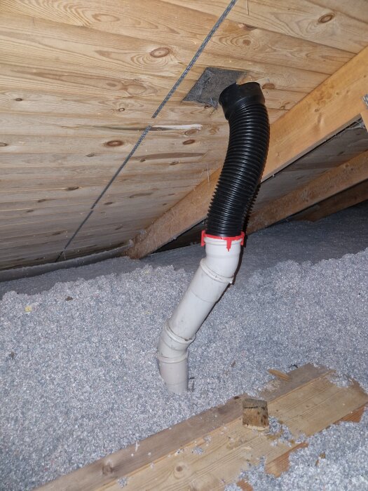 Flexrör genom tak med röd bygel i en vind, omgivet av isolering och träpaneler.