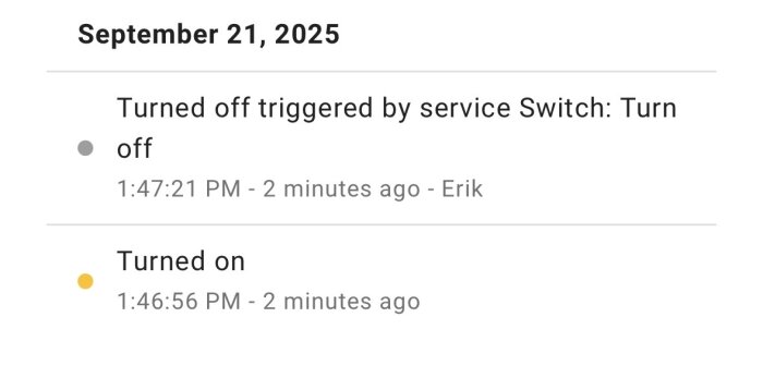 Loggdetaljer visar Ikeas plugg aktiverades automatiskt 1:46:56 PM och stängdes av av användare 1:47:21 PM.