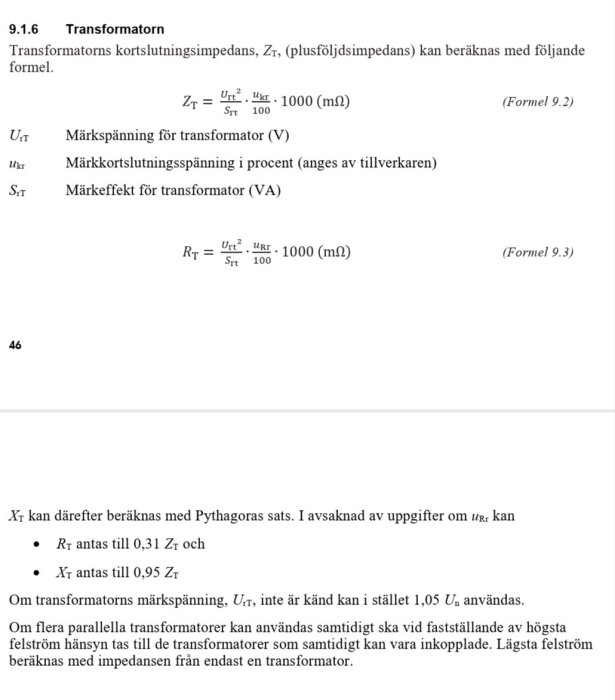 Formler och text om transformatorns kortslutningsimpedans och märkvärden från handbok 421, sida 46.