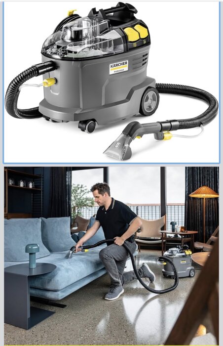 Man använder en klädseltvättmaskin för att rengöra en blå soffa i ett modernt vardagsrum.