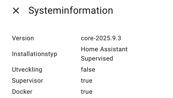 Systeminformation som visar version core-2025.9.3 och installationstypen Supervised för Home Assistant, samt andra systemattribut.