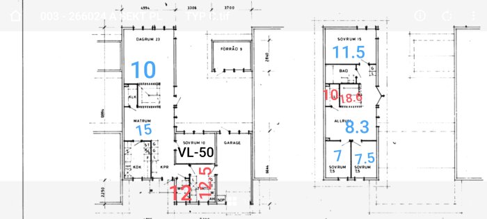 Planritning av hus med luftflöden i l/s markerade i olika rum; blå siffror för tilluft och röda siffror för frånluft.