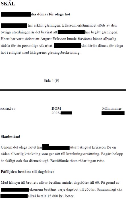 Domstolsdokument med beslut om olaga hot, dagsböter och skadestånd för gärningspersonen. Texten delvis censurerad för anonymitet.