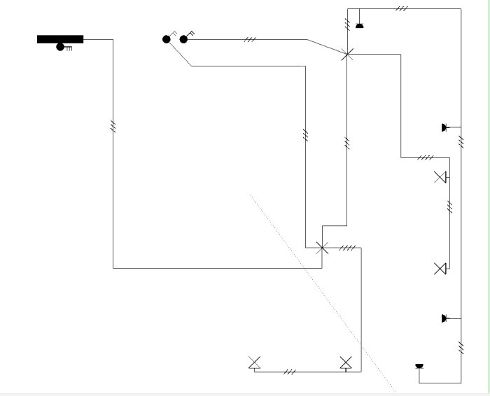 Kopplingsschema för elinstallation med takdosa, flera ledningar och kopplingspunkter.