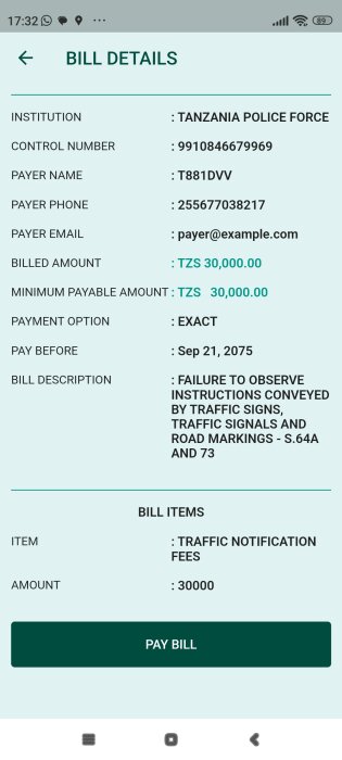 Bild av en digital faktura från Tanzania Police Force för trafikbrott, belopp TZS 30,000, med betalningsdeadline 21 september 2075.