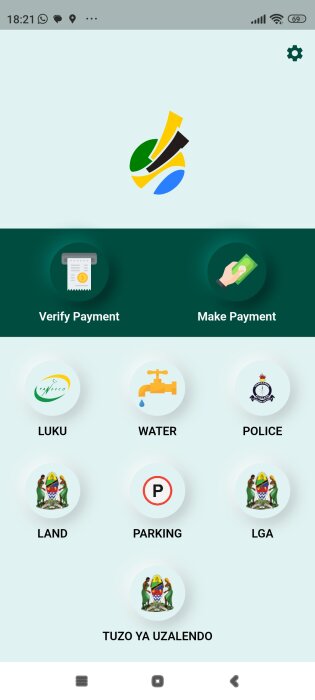 Startsida för en betalningsapp med alternativ för verifiering, betalning och tjänster som vatten, polis, parkering, markerade med ikoner och text.