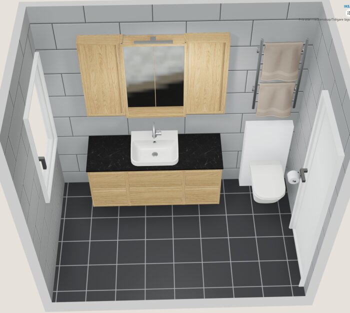3D-skiss av ett badrum med träskåp, svart bänkskiva, vit handfat, toalettstol, handdukstork och spegelskåp, grå kakelväggar.