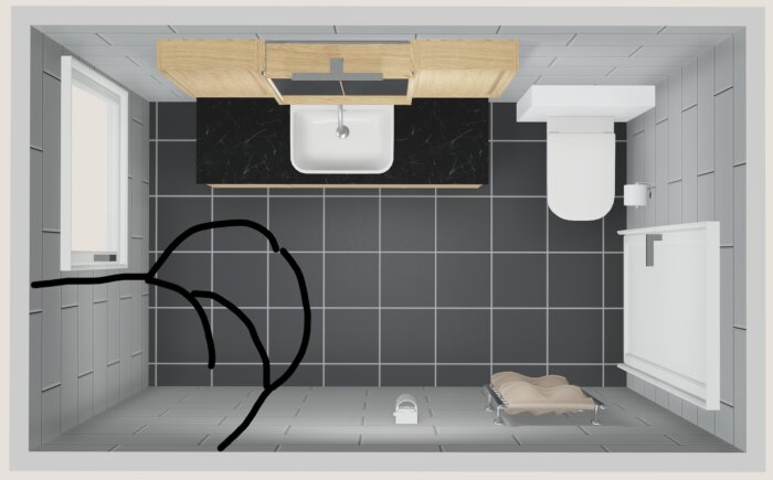 Ikea-skiss av badrum med U-dusch, svarta golvplattor, toalett, handfat samt duschväggar markerade med svarta linjer i hörnet.