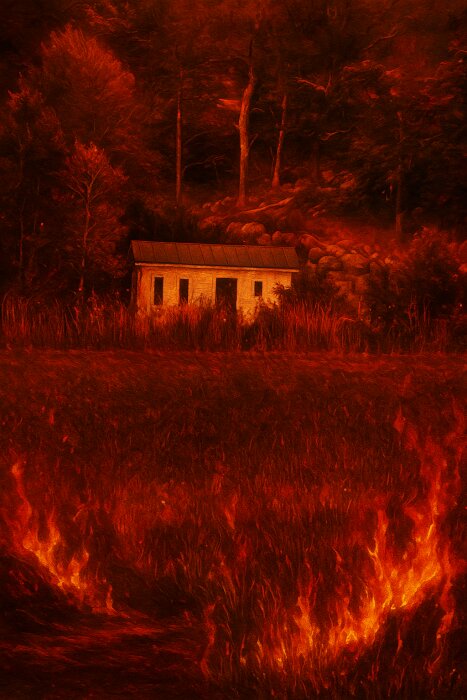 Attefallshus vid skogsbryn, omgiven av röda och orangea lågors sken i förgrunden.