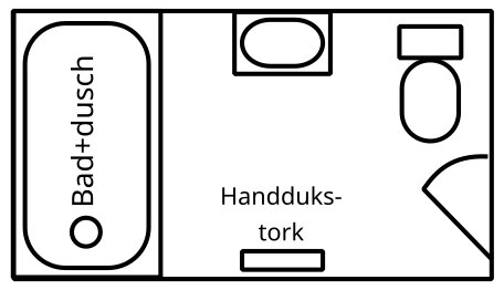 Planlösning av ett badrum med bad+dusch till vänster, handfat/kommod och spegel ovan, toalett till höger och handdukstork mitt emot duschen.