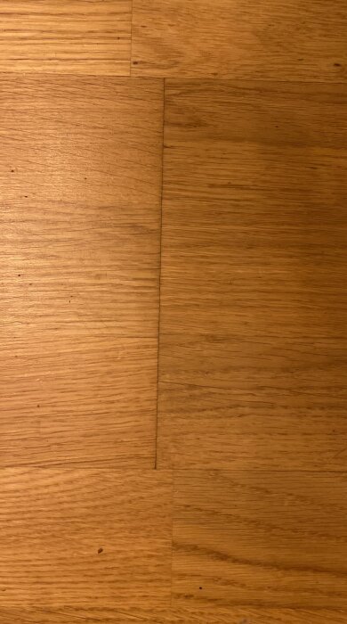 Trägolv med mörka linjer mellan plankorna, potentiella tecken på fuktskada eller mögeltillväxt under golvet.