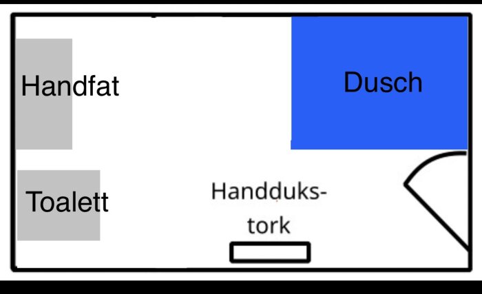 Planskiss av badrum med dusch i övre högra hörnet, handfat och toalett till vänster, och handdukstork nära dörren.