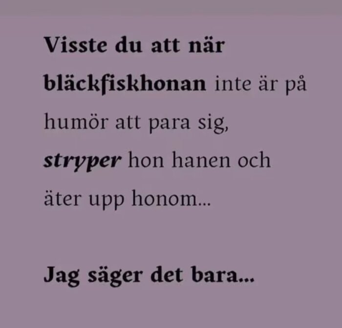 Text på lila bakgrund som säger: "Visste du att när bläckfiskhonan inte är på humör att para sig, stryper hon hanen och äter upp honom... Jag säger det bara…