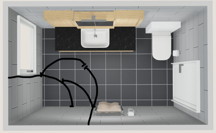 3D-skiss av ett badrum med svart och grå kakelväggar, handfat, toalett och duschområde. Handdukstork placerad nära duschen.