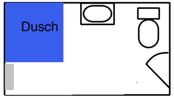 Badrumsritning visar dusch till vänster längs ytterväggen, toalett mittemot, och handfat bredvid toalett. Dörr i nedre högra hörnet.