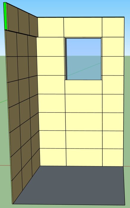 Skiss av vägg med fönster, beige och bruna paneler. Plan för att såga smala remsor bredvid fönstret för bättre symmetri.