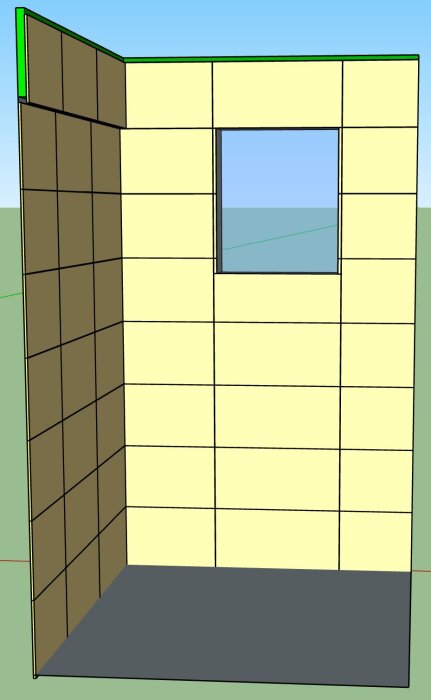 Väggkonstruktion med paneler runt ett fönsteröppning, visar gul och brun kakelsättning med remsor ovan och på sidorna.