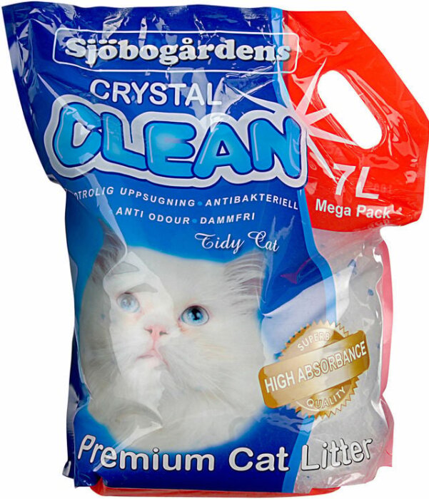 Förpackning för Sjöbogårdens Crystal Clean Premium Cat Litter, 7 liter, med bild på en vit katt och information om hög absorptionsförmåga och antibakteriella egenskaper.