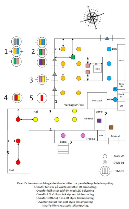Illustration av belysningsplan med Plejd downlights. Zoner i orange och blå färg för rum och olika brytare. Karta över ljusinstallationer.