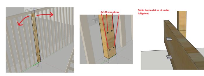 Illustration av stolpfäste med skruvar, stolpens sidledsinstabilitet visad med pilar, och en skiss av hur det skulle se ut under loftgolvet.