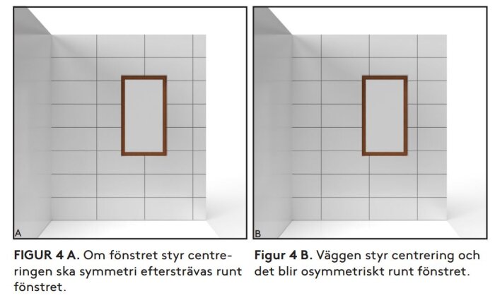 Två illustrationer visar centreringsalternativ för kakel runt ett fönster: A. symmetri runt fönstret, B. osymmetrisk placering på väggen.